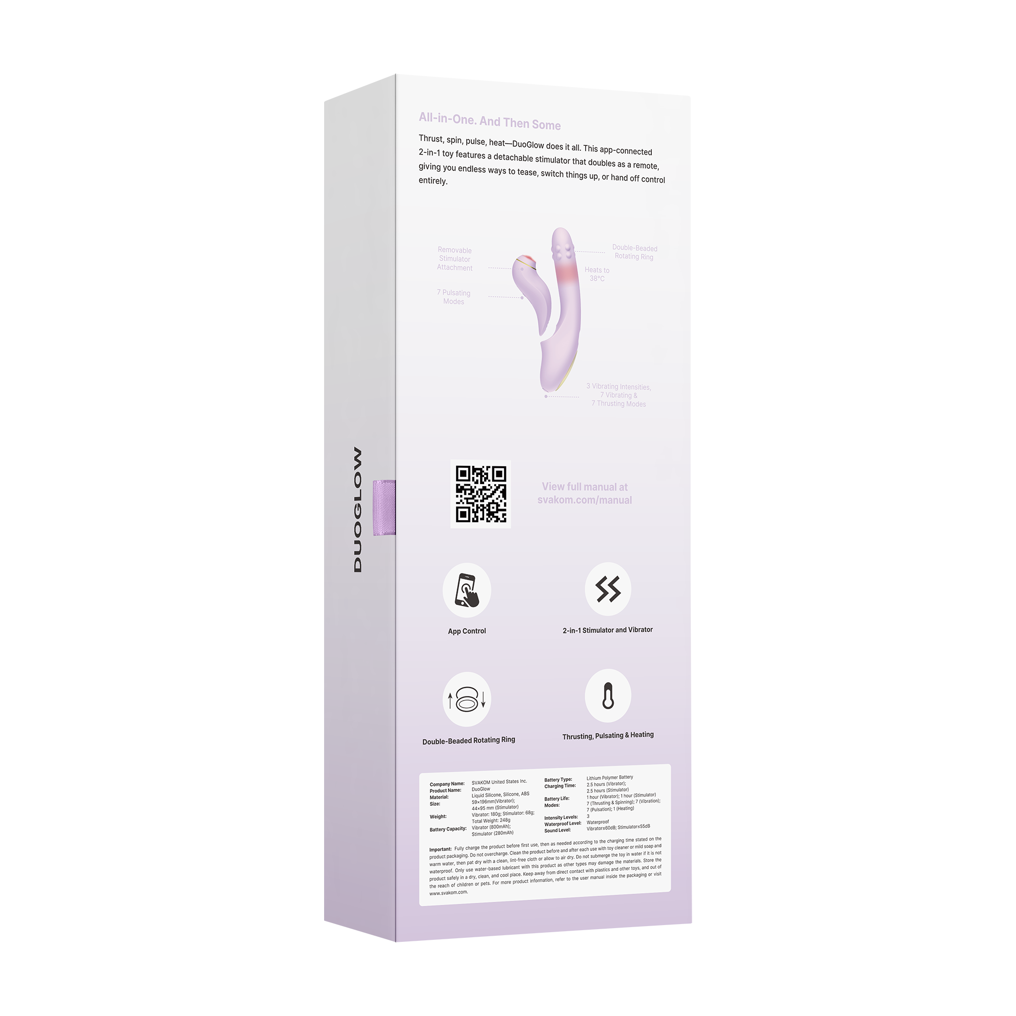 SVAKOM | DuoGlow – Thrusting Beaded Vibrator with Pulsating Stimulator – Heated, App-Enabled – Lilac