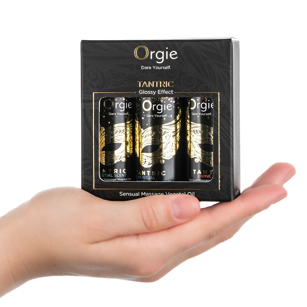 ORGIE | Tantrisko sensuālo masāžas eļļu komplekts – Glossy efekts – Mini izmērs 3 x 30 ml