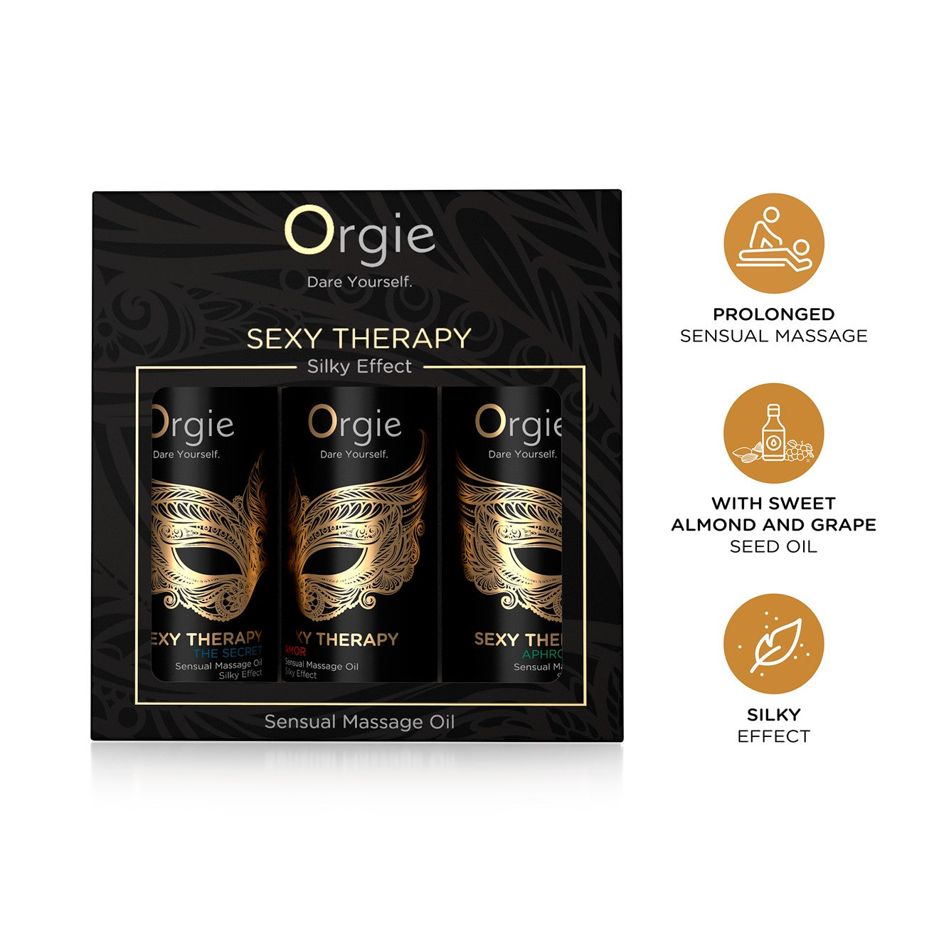 ORGIE | Aistillisten hierontaöljyjen setti Sexy Therapy – Silk-vaikutus – Minikoko 3 x 30 ml