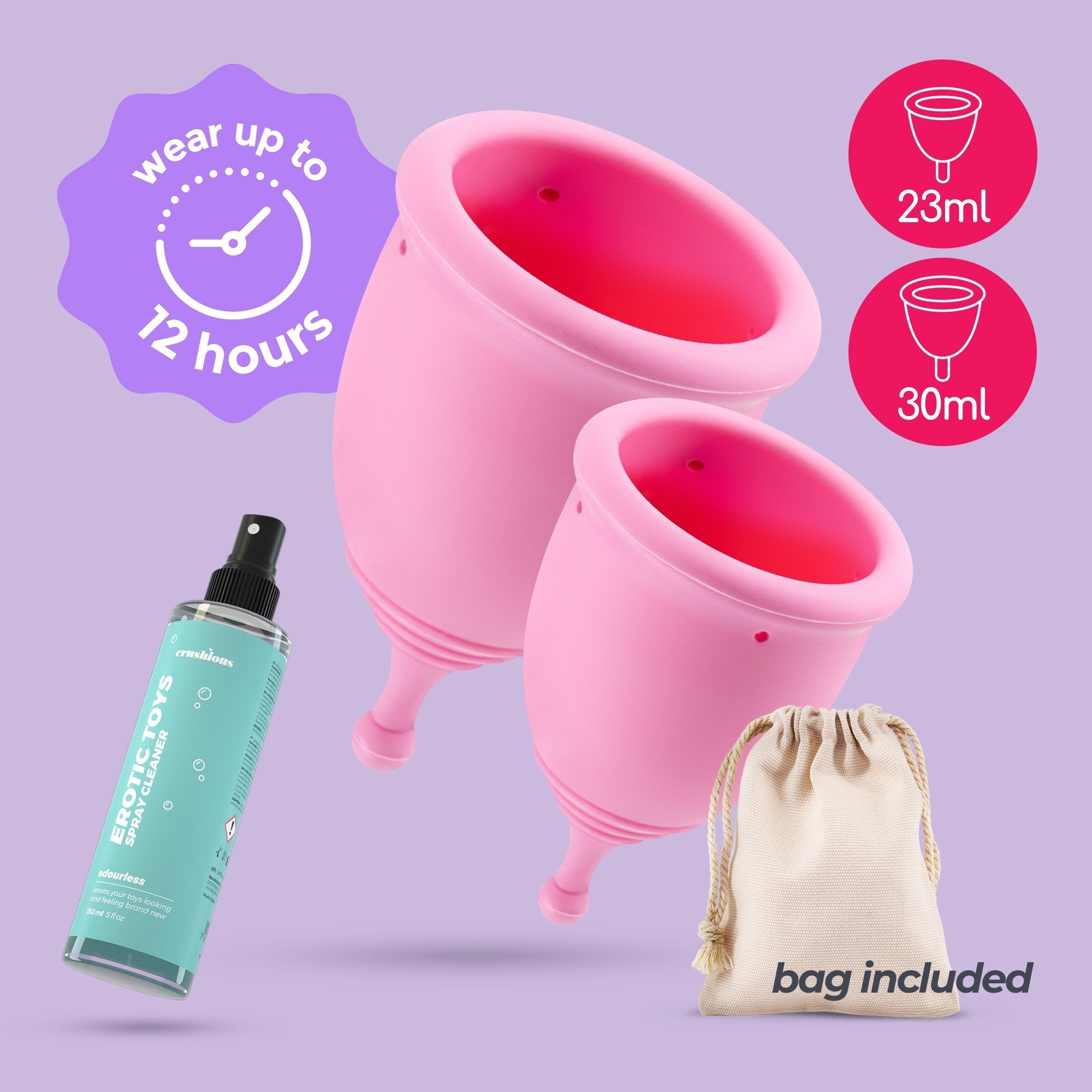 CRUSHIOUS | Minerva S + L Menstrual Cup Set – 2 Sizes – With Pouch or With Toy Cleaner