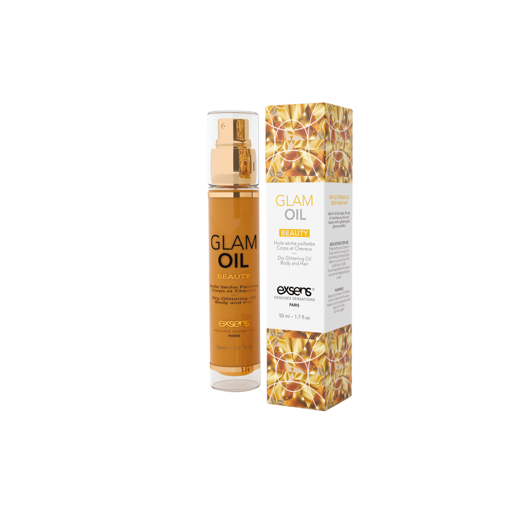 EXSENS | Glam Oil – Kuiva kimmeltävä vartalo- ja hiusöljy makealla mantelilla – Suihke – 50 ml