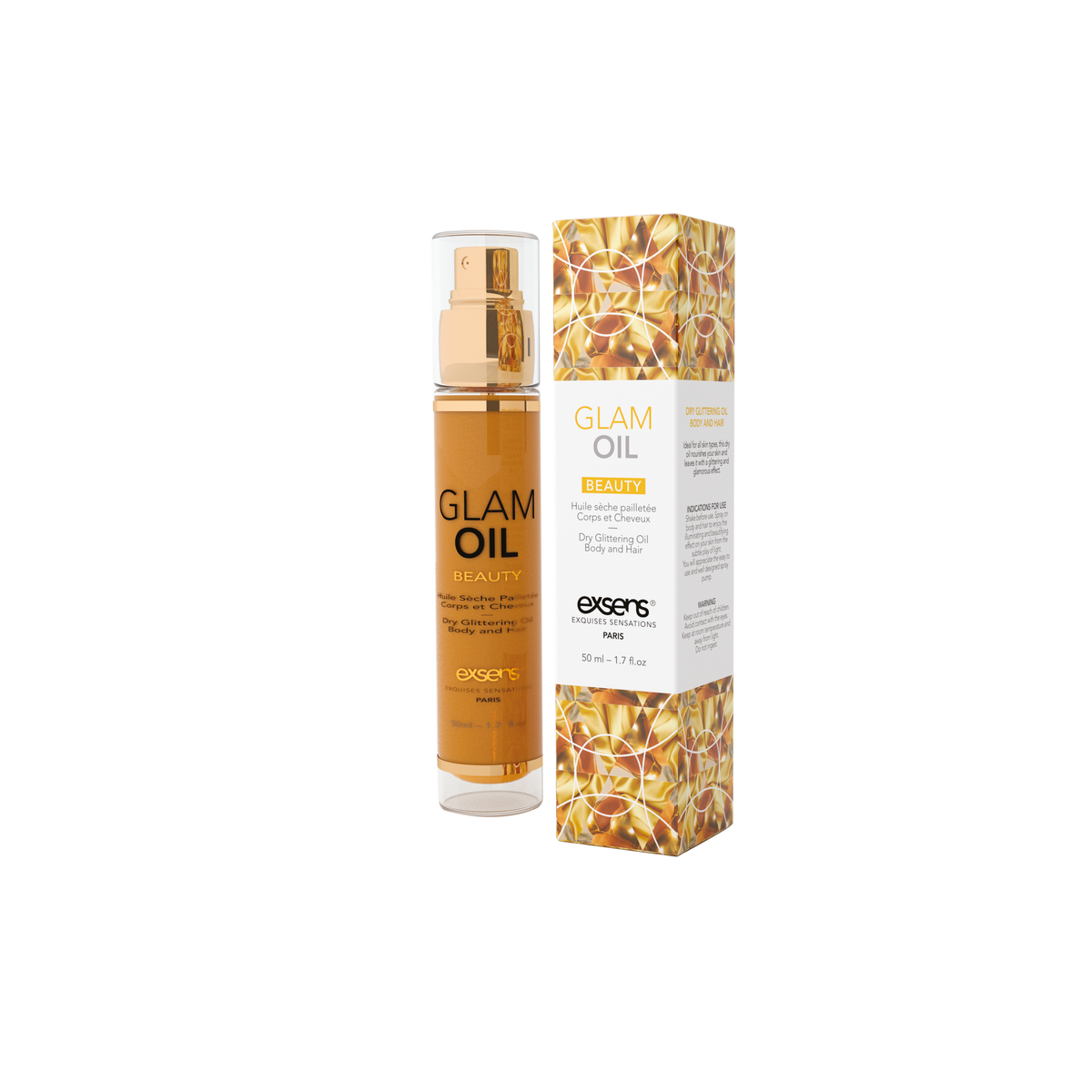 EXSENS | Glam Oil – Kuiva kimmeltävä vartalo- ja hiusöljy makealla mantelilla – Suihke – 50 ml