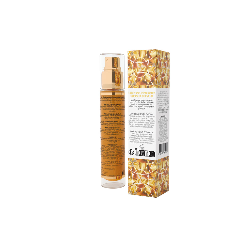 EXSENS | Glam Oil – Kuiva kimmeltävä vartalo- ja hiusöljy makealla mantelilla – Suihke – 50 ml