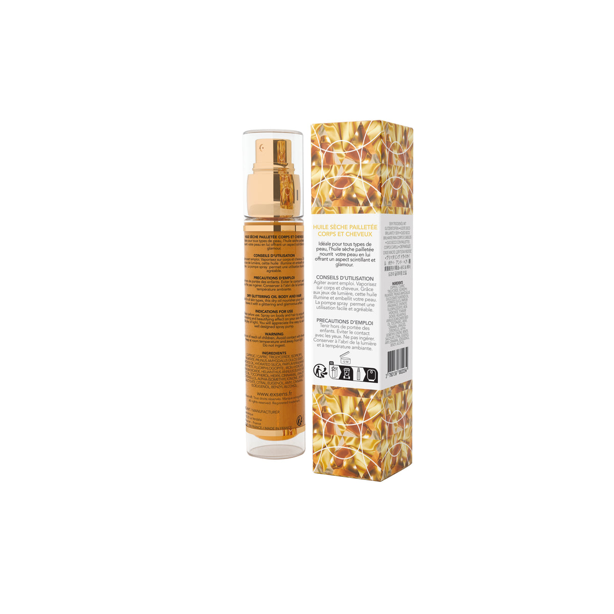 EXSENS | Glam Oil – Kuiva kimmeltävä vartalo- ja hiusöljy makealla mantelilla – Suihke – 50 ml