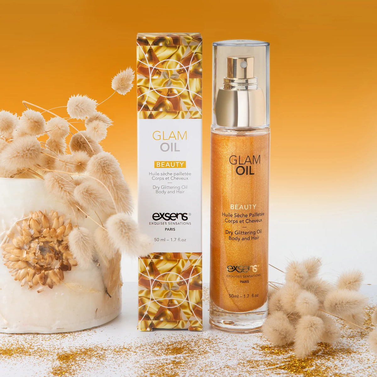 EXSENS | Glam Oil – Kuiva kimmeltävä vartalo- ja hiusöljy makealla mantelilla – Suihke – 50 ml
