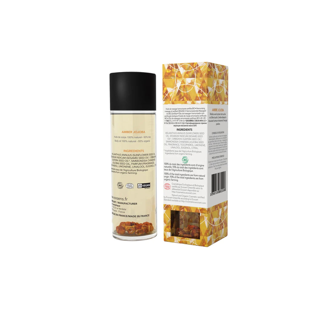 EXSENS | Amber & Jojoba – Luomu-vartalo- ja hierontaöljy meripihkakivien kera – 100 ml