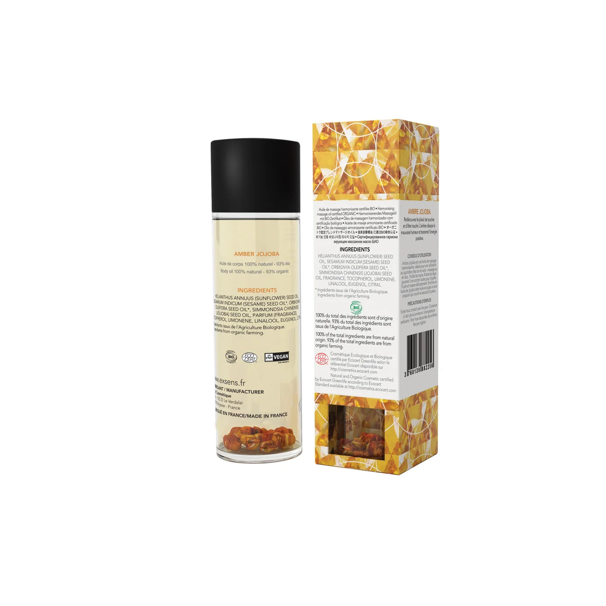 EXSENS | Amber & Jojoba – Luomu-vartalo- ja hierontaöljy meripihkakivien kera – 100 ml