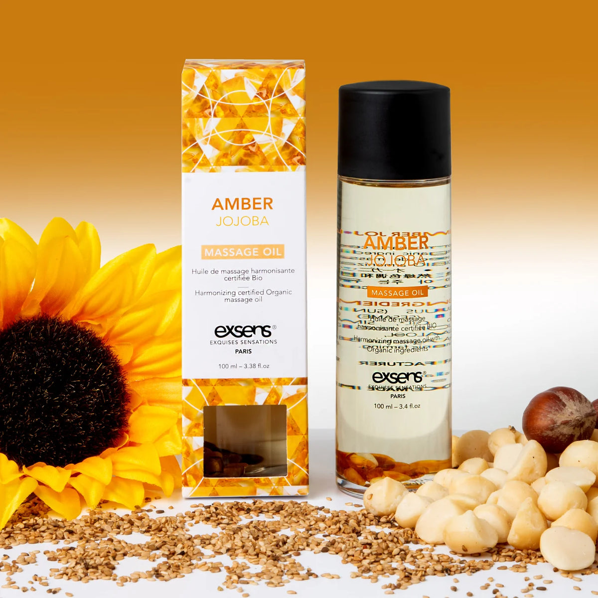 EXSENS | Amber & Jojoba – Luomu-vartalo- ja hierontaöljy meripihkakivien kera – 100 ml