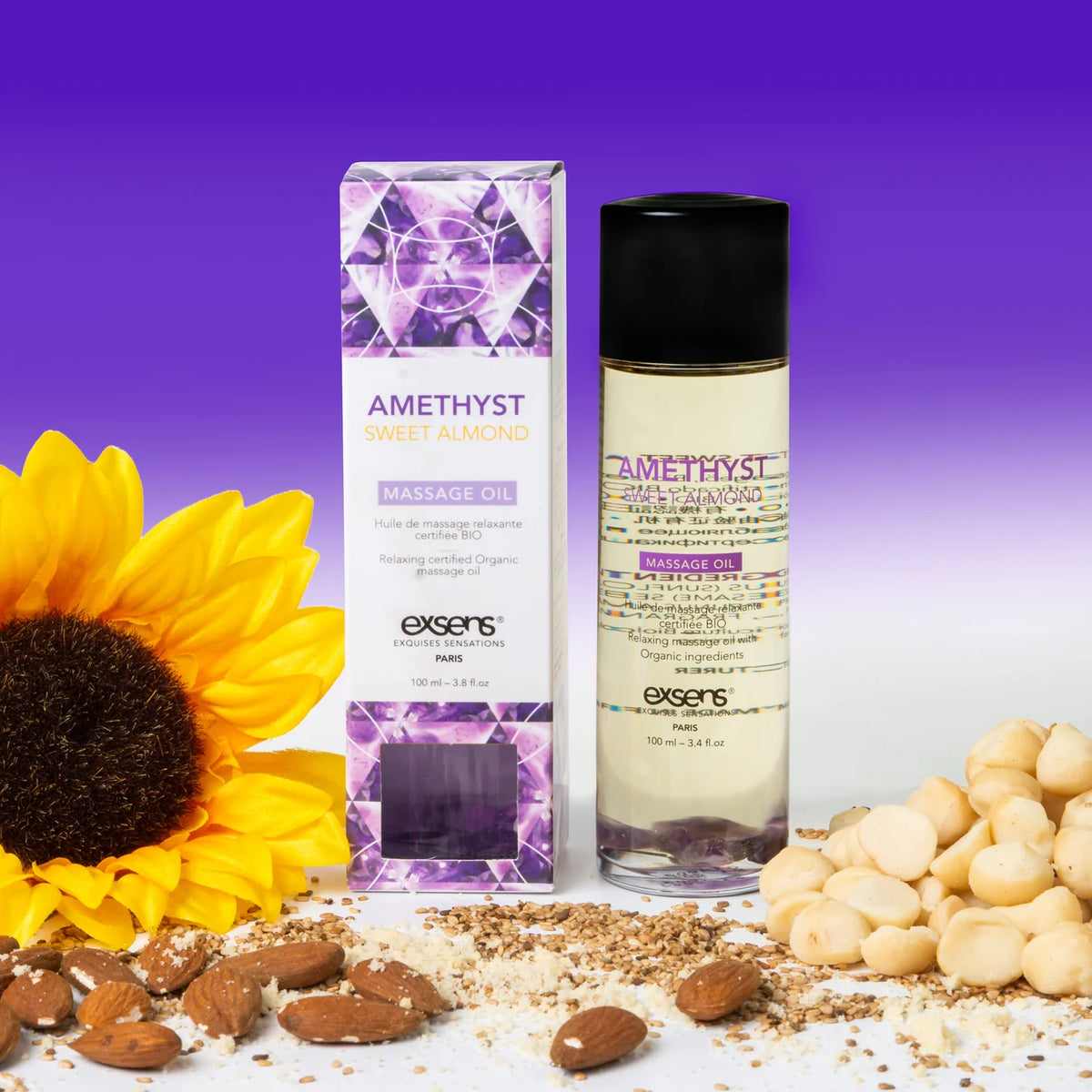 EXSENS | Amethyst & Sweet Almond – Органическое масло для тела и массажа с кусочками аметиста – 100 мл