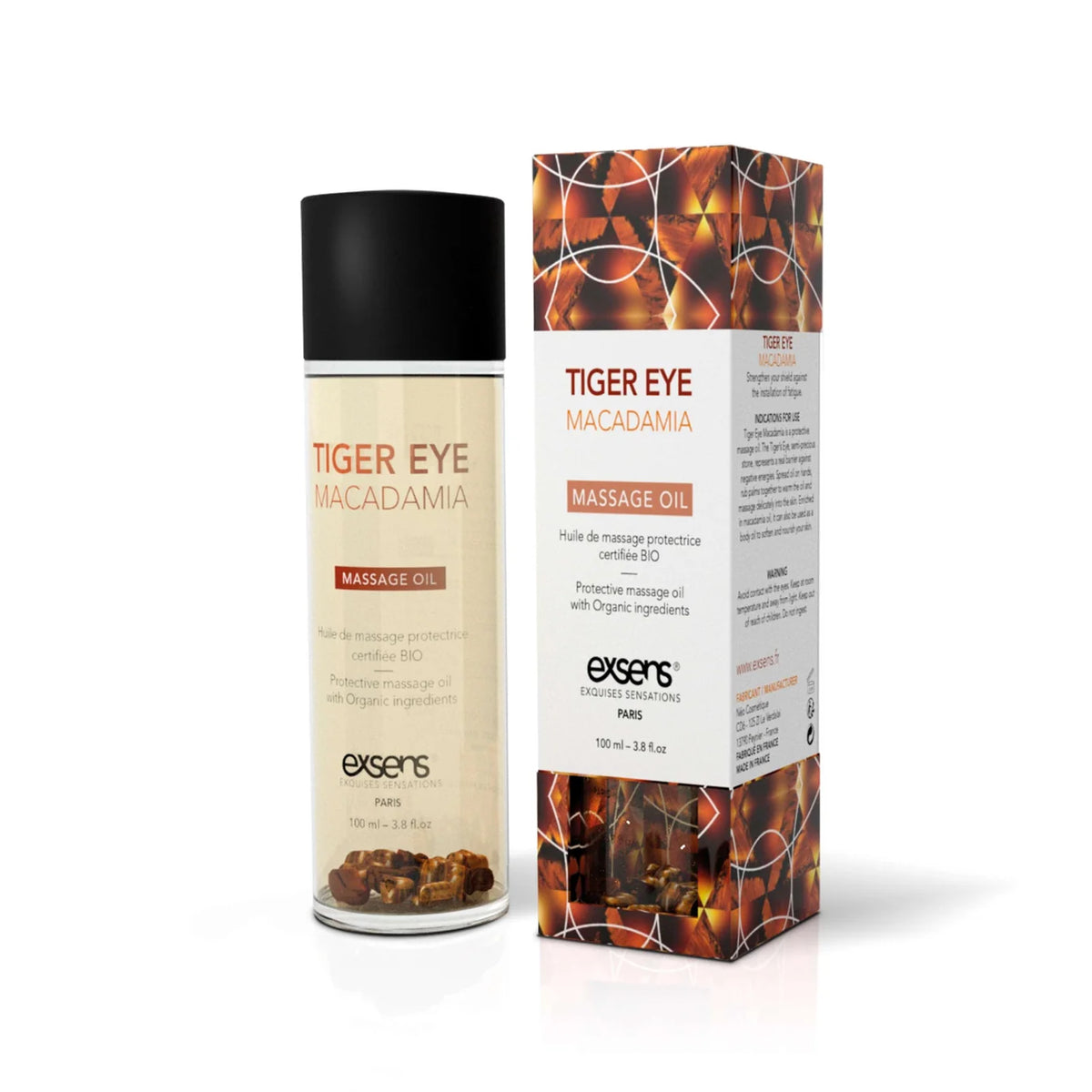 EXSENS | Tiger Eye & Macadamia – Органическое масло для тела и массажа с кусочками тигрового глаза – 100 мл