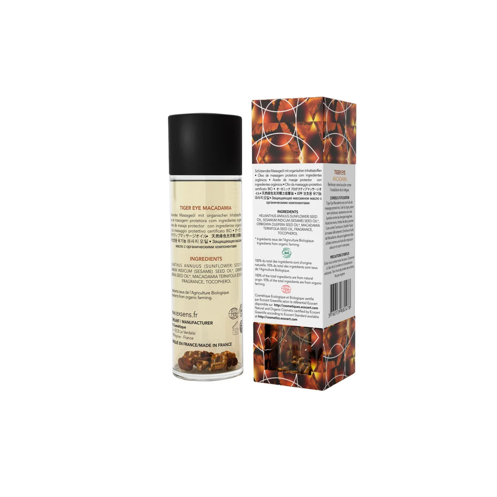 EXSENS | Tiger Eye & Macadamia – Органическое масло для тела и массажа с кусочками тигрового глаза – 100 мл