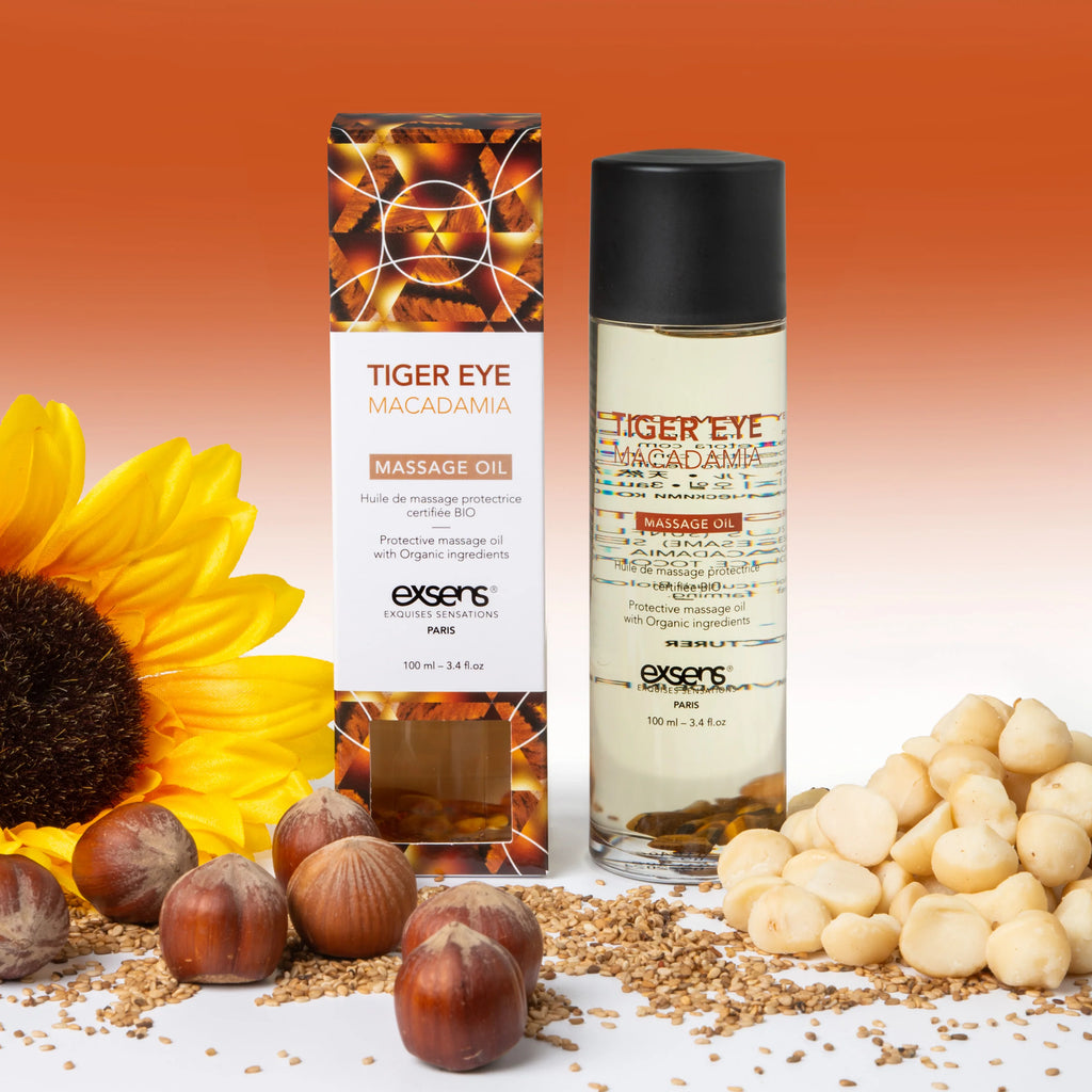 EXSENS | Tiger Eye & Macadamia – Органическое масло для тела и массажа с кусочками тигрового глаза – 100 мл