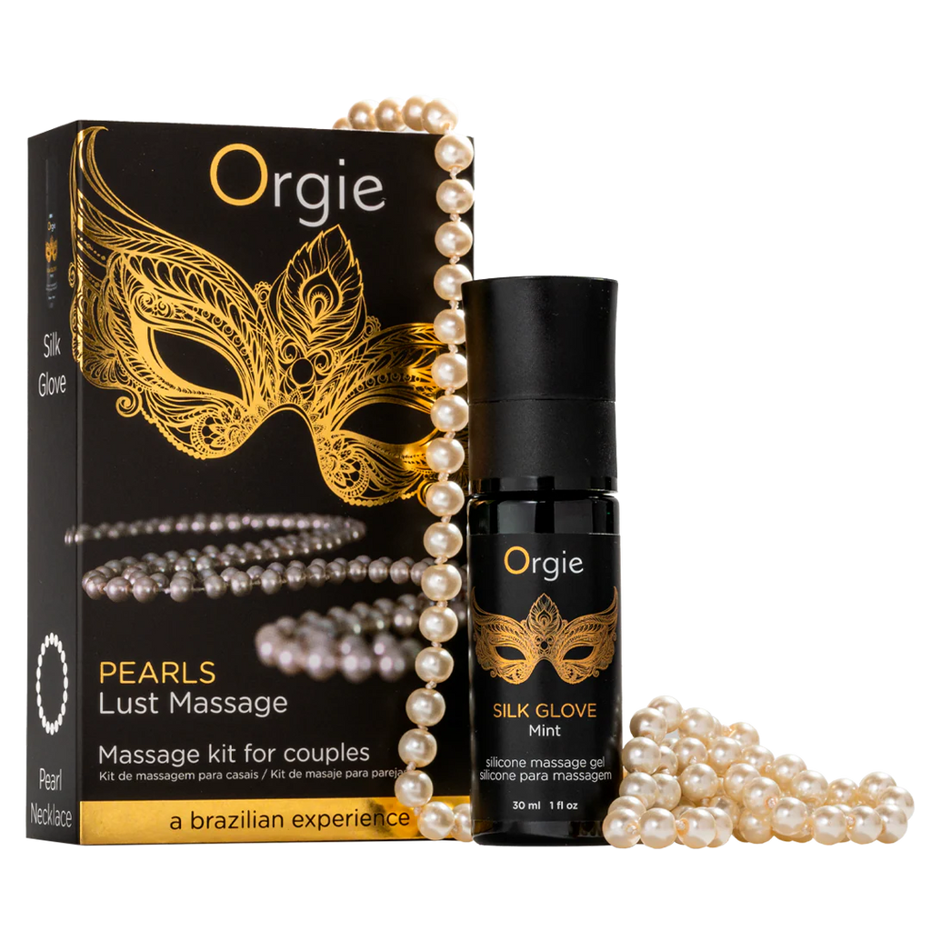 ORGIE | Pearls Lust Massage Kit – Silk Glove -silikonihierontageeli + helmikaulakoru + hierontaopas (Minttu)