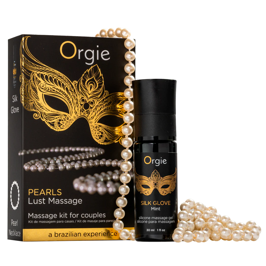 ORGIE | Pearls Lust Massage Kit – Silk Glove -silikonihierontageeli + helmikaulakoru + hierontaopas (Minttu)