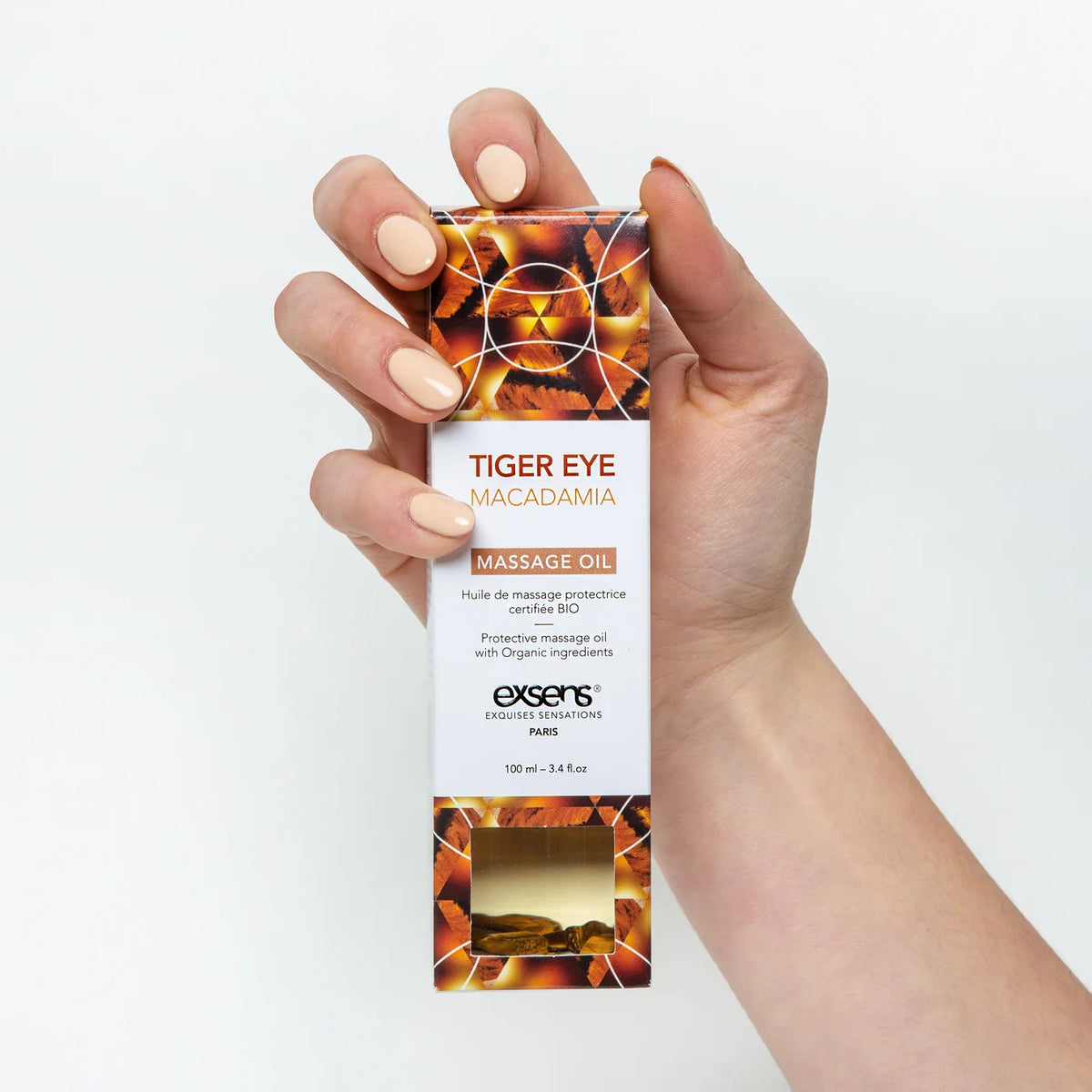 EXSENS | Tiger Eye & Macadamia – Органическое масло для тела и массажа с кусочками тигрового глаза – 100 мл