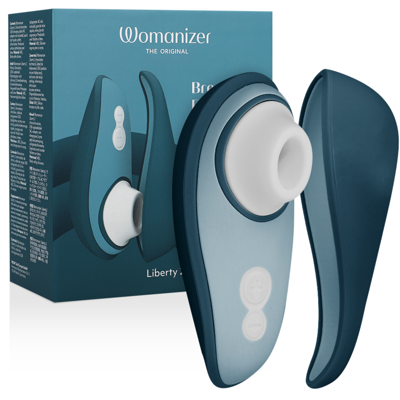 WOMANIZER | Liberty 2 – Kompaktne kliitoristimulaator Pleasure Air tehnoloogiaga – Magnetkork – Roosa / Heleroheline / Sinine