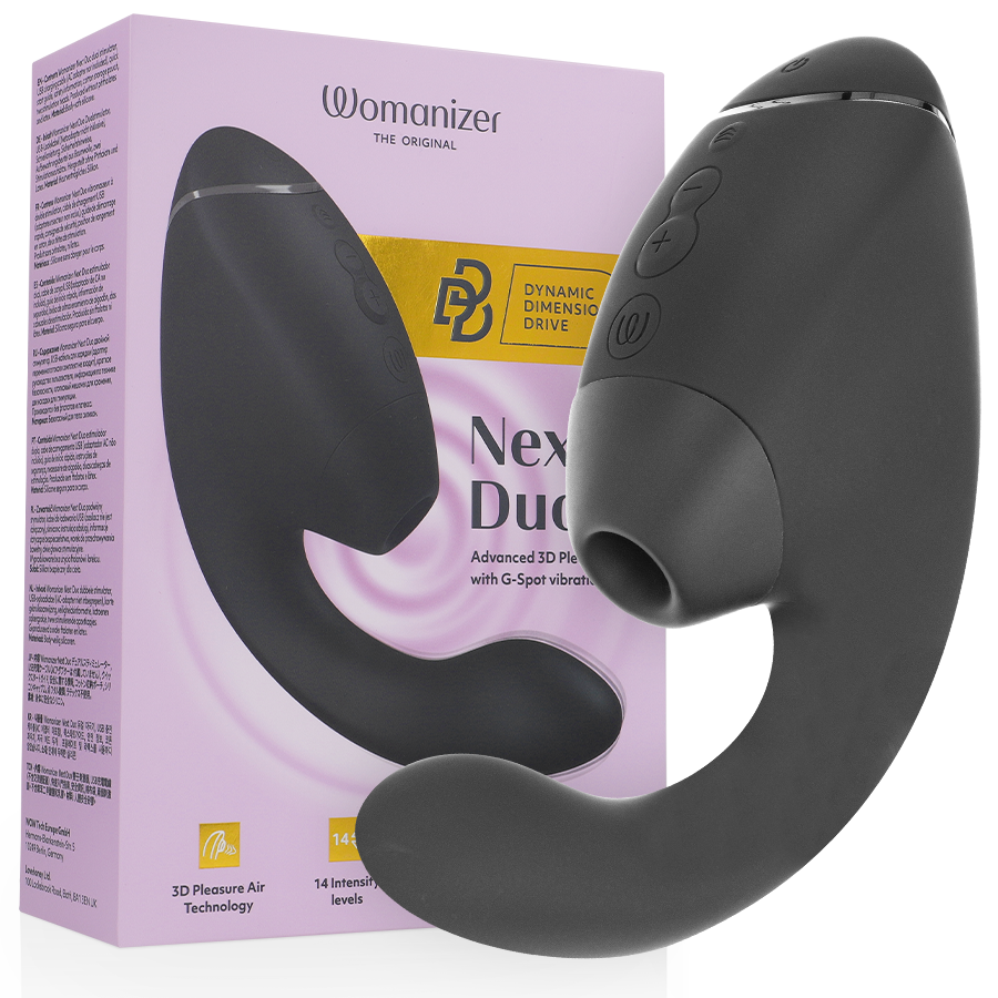 WOMANIZER | Duo Next – Kliitori ja G-punkti topeltstimulaator – 3D Pleasure Air + sügav vibratsioon – Tumelilla / Vaikne roosa / Must